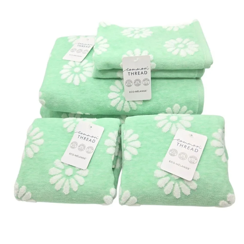Common Thread Eco Melange White Daisy Mint Green Zero Twist Cotton Towel Set 6pc